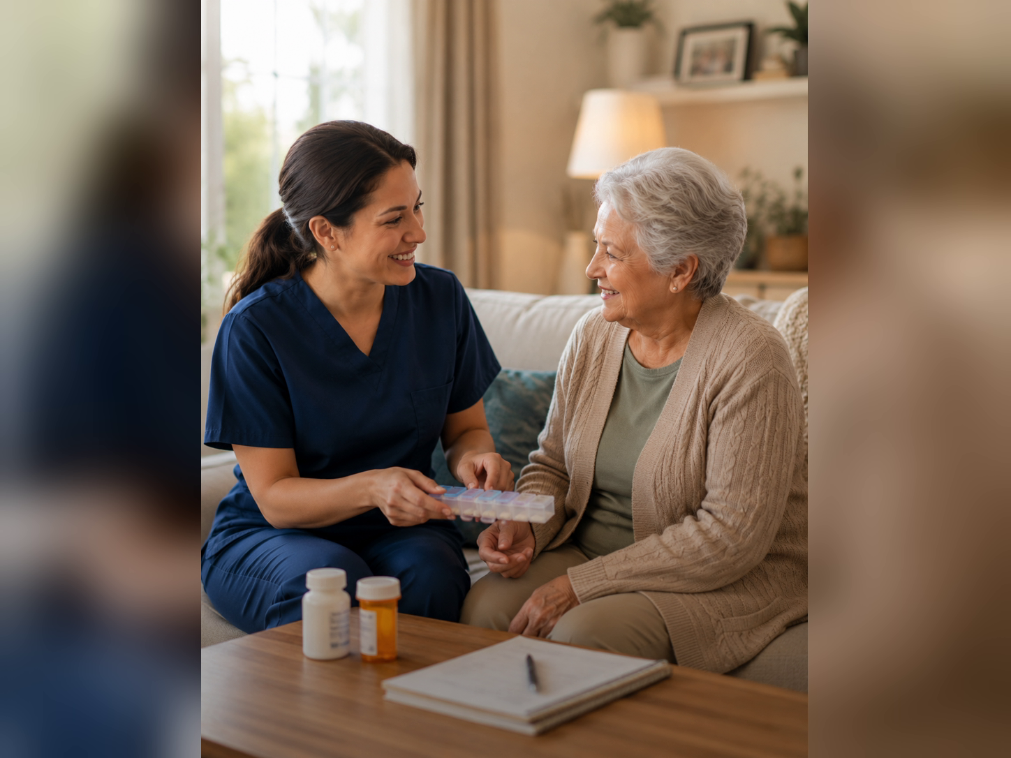 Caregiver providing gentle medication reminders and schedule support
